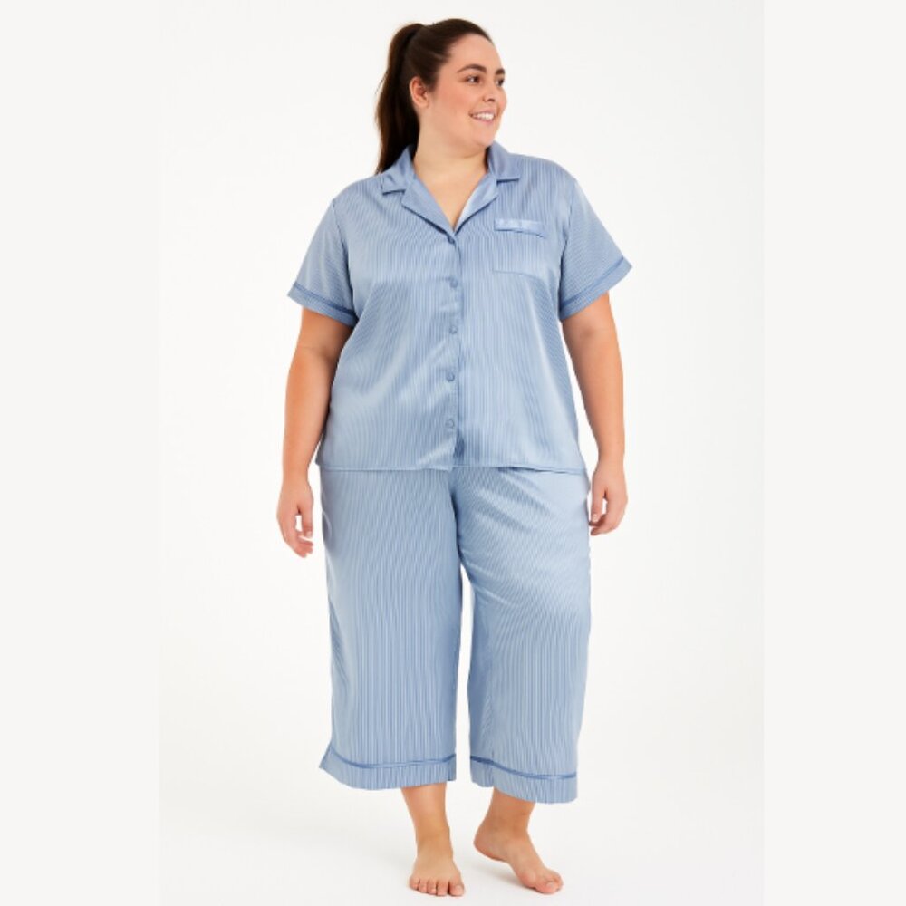 Secret Treasures Pajamas Blue Stripe Satin Button Up Collar Crop Wide Pants 2X - Picture 12 of 12